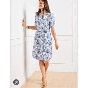 Talbots Dress Womens XS Blue White Floral Short Sleeve 100% Cotton Pockets Tie
